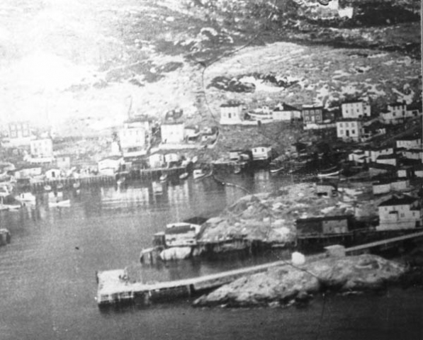 091: Aerial view of Red Island harbour. [courtesy of Mary (Barry) Bruce]